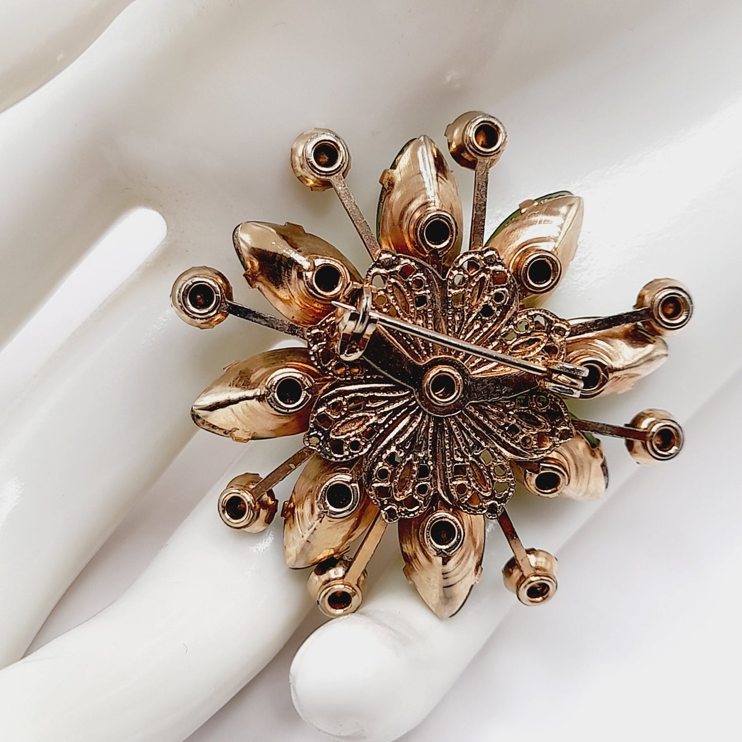 Vintage 1950s Uranium Glass Green Rhinestone Brooch Gold Filigree 1.75”