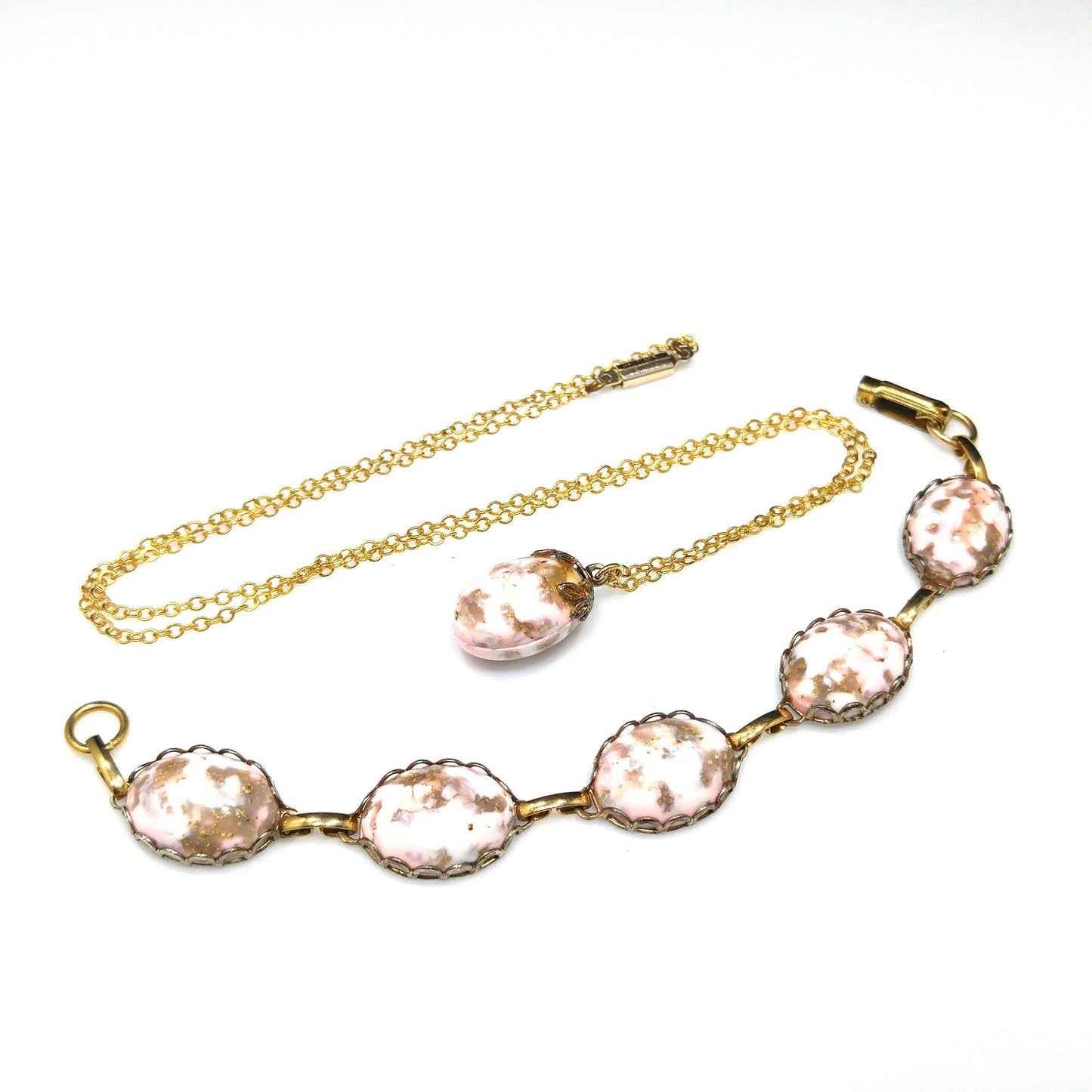 German Pink Gold Glitter Robins Egg Bracelet & Necklace, 1950s Vintage Jewelry