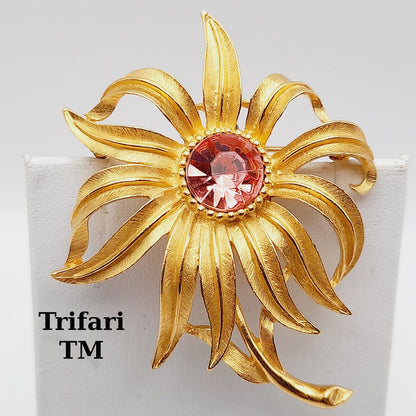 Vintage Trifari™ Flower Brooch with Pink Rhinestone Center