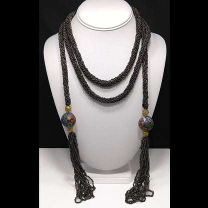 Vintage Art Deco Murano Millefiori Seed Bead Lariat Flapper Necklace, 1920s