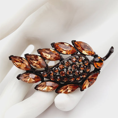 Vintage MGENT Topaz Rhinestone Leaf Japanned Brooch Pin