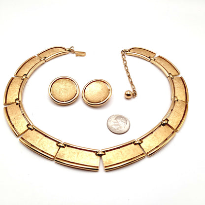 Vintage Trifari Satin Finish Gold Plated Choker Clip Earrings Set