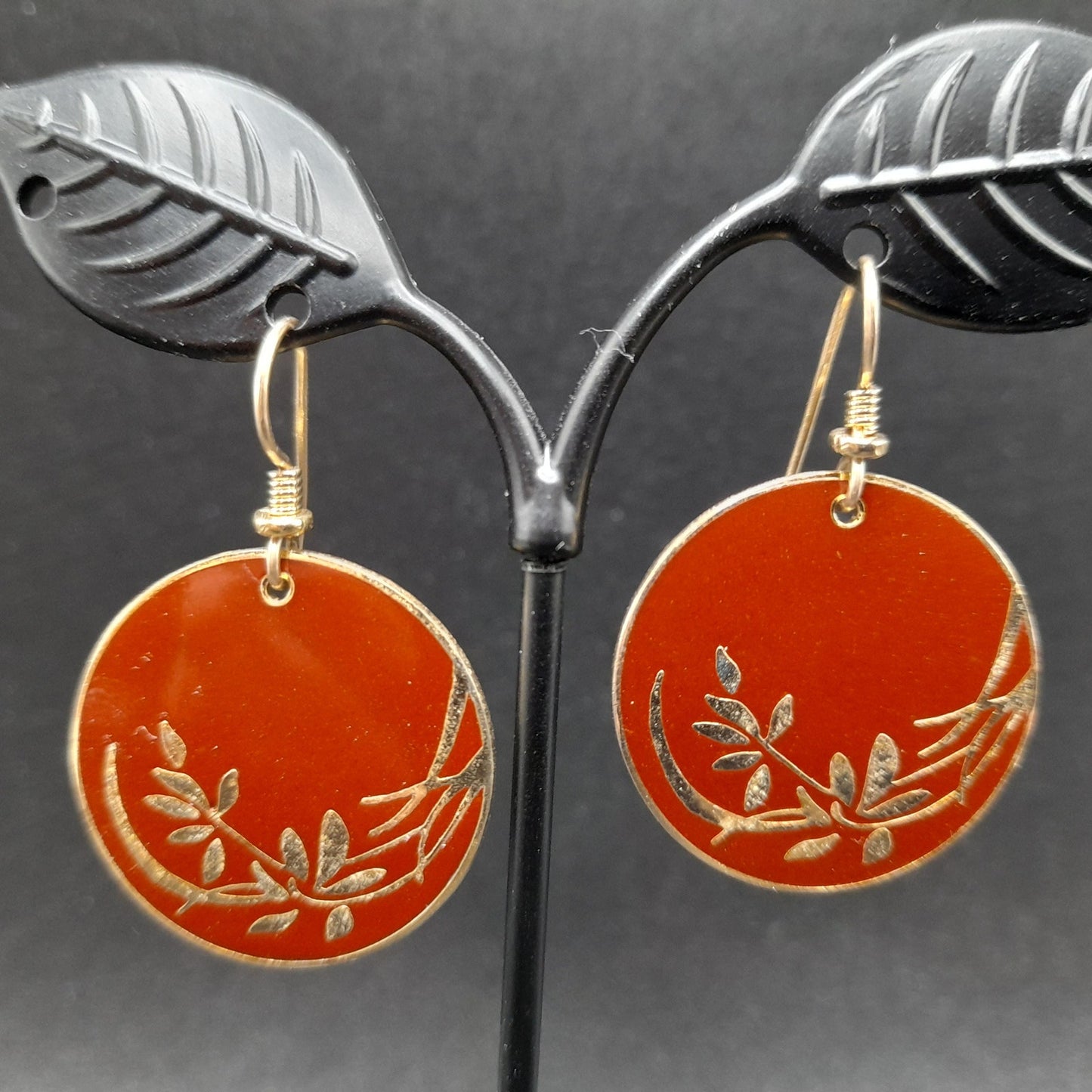 Vintage Laurel Burch Floral Drop Earrings, Red Brown Enamel, Gold Plated