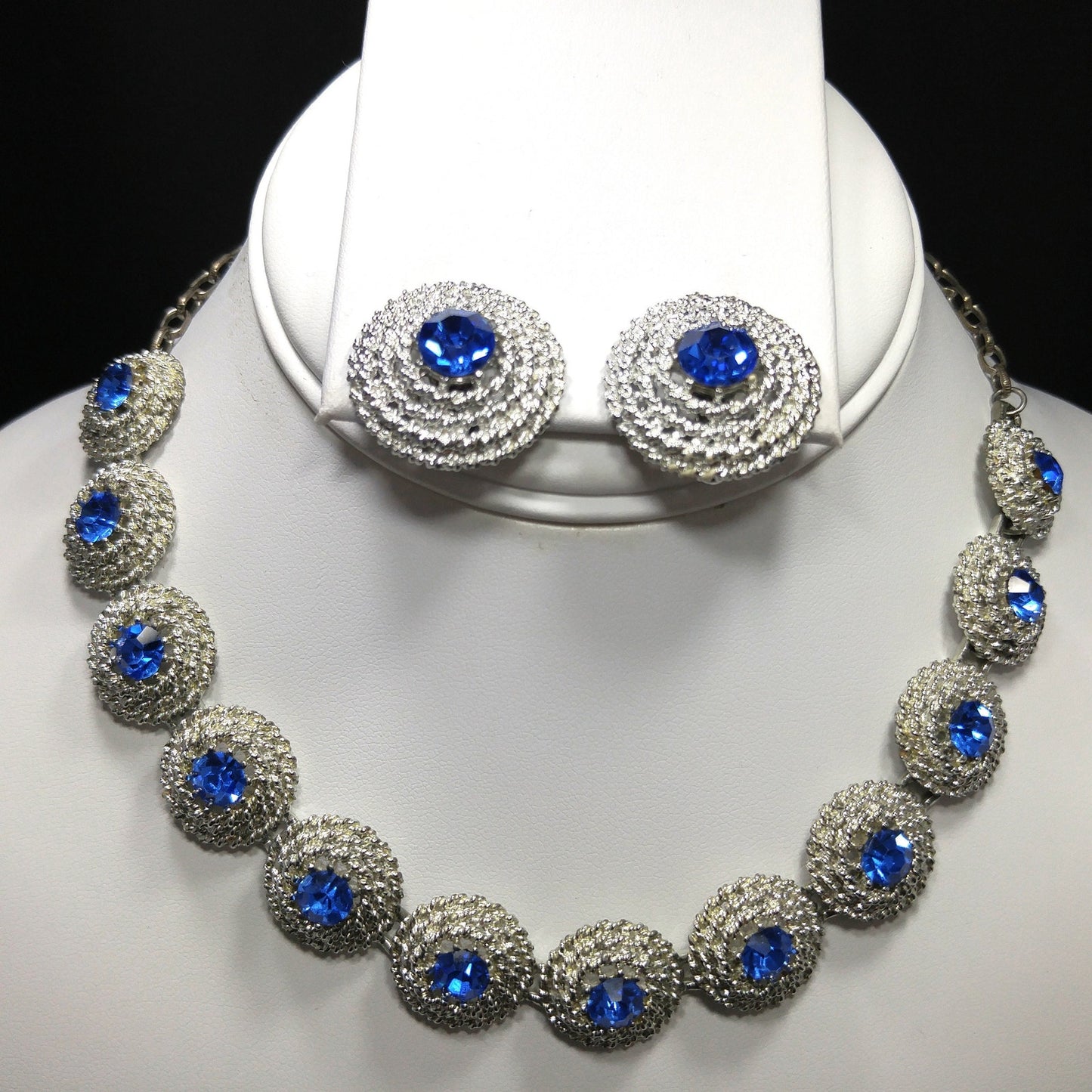 Blue Rhinestone Necklace Clip Earrings, Rhodium Plated Links, 1950s Vintage Jewelry