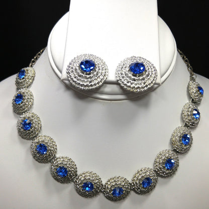 Blue Rhinestone Necklace Clip Earrings, Rhodium Plated Links, 1950s Vintage Jewelry