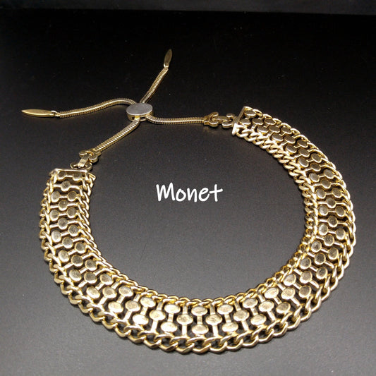 Mid Century MONET Collar Necklace, Tassel Down Back & Two Clasps, Gold Plated, 1950s Vintage Jewelry
