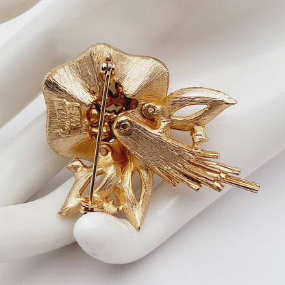 Vintage Ledo 1962 Floral Brooch, Gold Plated Faux Pearl Rhinestone Pin, Signed Mid Century Jewelry