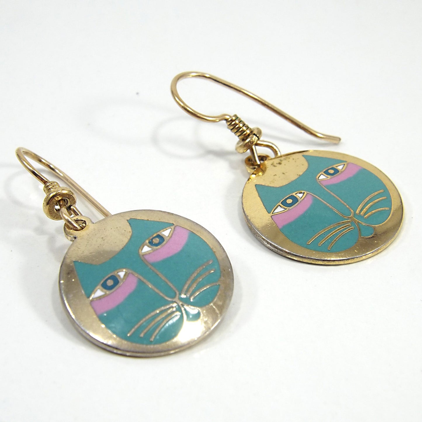 Vintage Laurel Burch "Moon Cat" Earrings, Teal Pink & Gold Cats