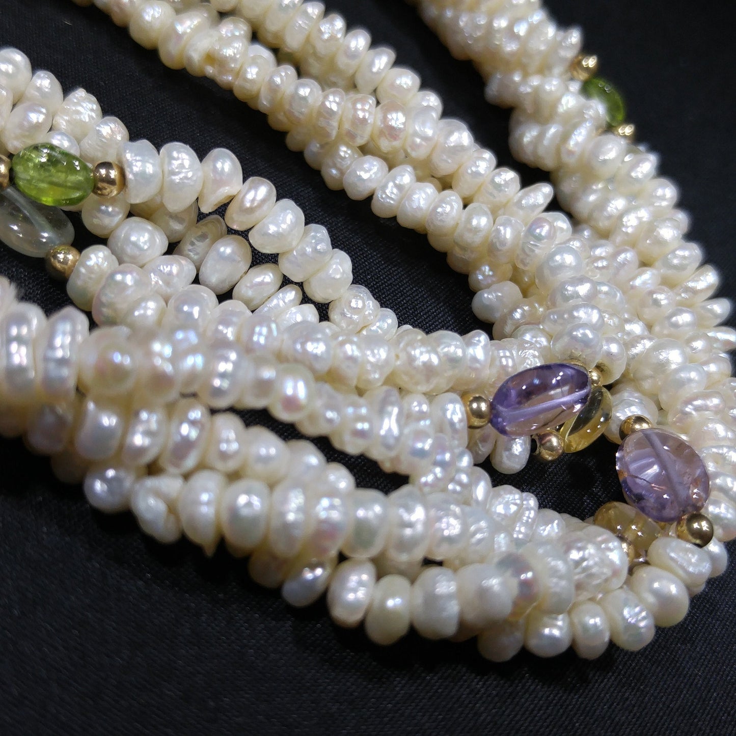Sand Pearls & Gemstones Long Twisted Necklace, 4 Strands, No Clasp, 1970s Vintage Jewelry