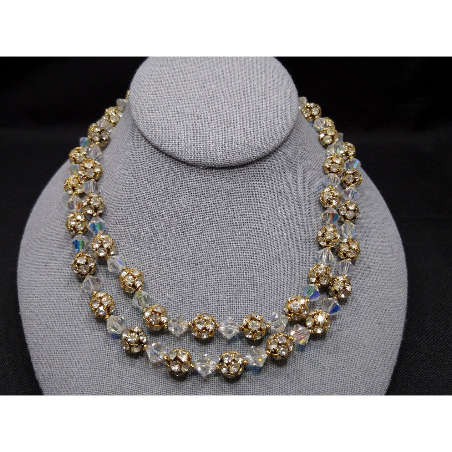 Vintage 1960s AB Crystal Rhinestone Gold Floral Clasp Two Strand Necklace