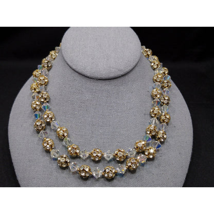 Vintage 1960s AB Crystal Rhinestone Gold Floral Clasp Two Strand Necklace