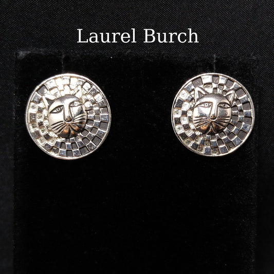 Laurel Burch Cat Face Post Earrings, Checkerboard Background, Rhodium Plate