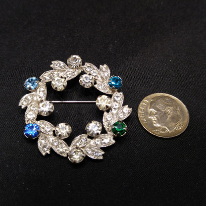 Eisenberg Rhinestone Wreath Brooch, Rhodium Plated, 1950s Vintage Jewelry