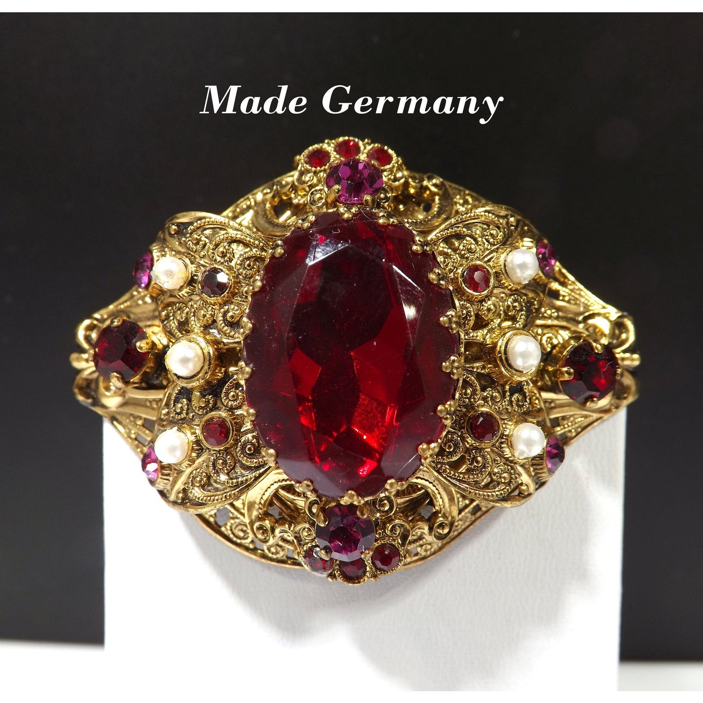 Made Germany Large Red Rhinestone Filigree Brooch, Faux Pearls, 1940s Vintage Jewelry