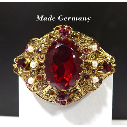 Made Germany Large Red Rhinestone Filigree Brooch, Faux Pearls, 1940s Vintage Jewelry