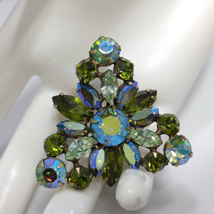 Vintage Regency Blue Green Triangular Brooch, Aurora Borealis, 1960s