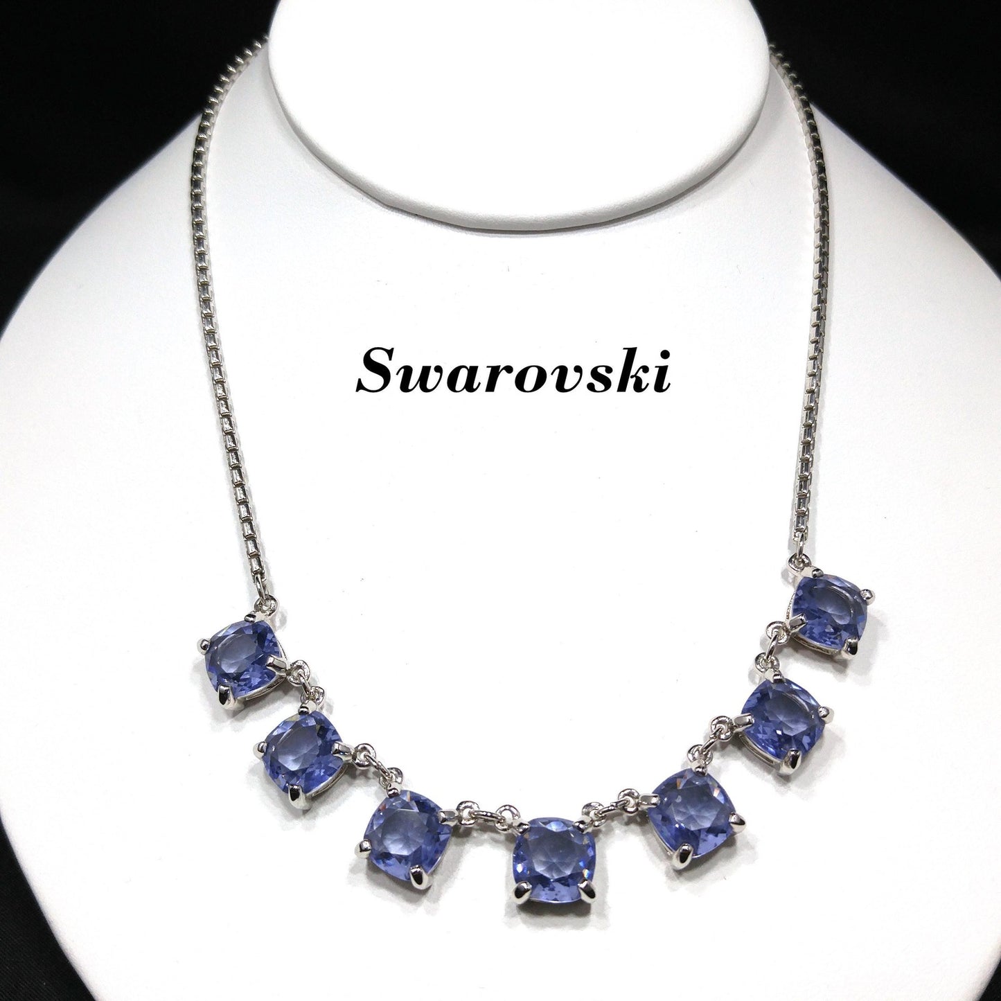 Swarovski Swan Logo Necklace, Blue Lavender Crystals, Art Deco Style Vintage