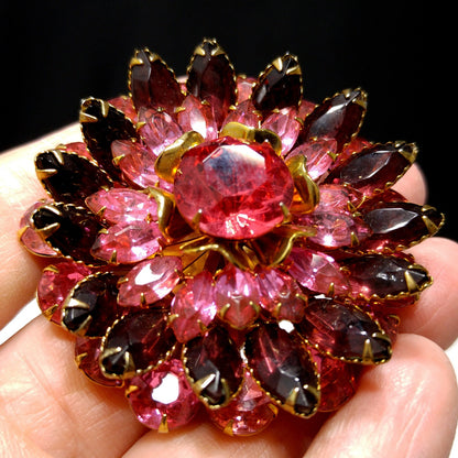 Vintage Celebrity Pink Purple Brooch & Earrings, 22K Gold Plated, 1940s