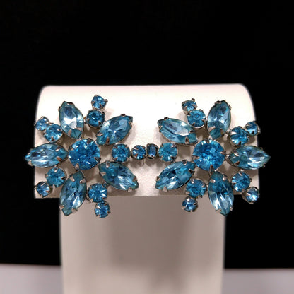 Sherman Turquoise Rhinestone Earrings, Screw-back Rhodium Plated, 1950s Vintage Jewelry