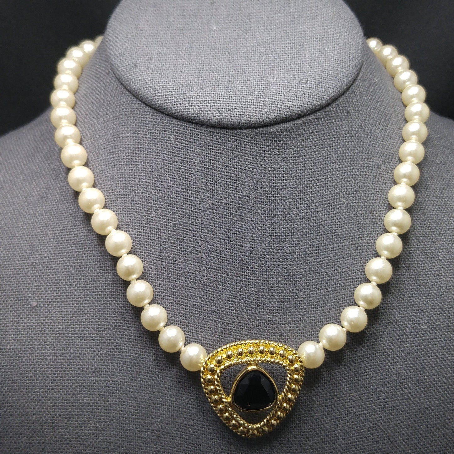 Swarovski Faux Pearl Necklace with Black Crystal Pendant, Gold Plated, 1990s Vintage