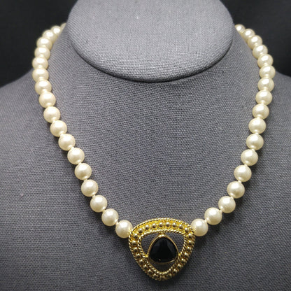 Swarovski Faux Pearl Necklace with Black Crystal Pendant, Gold Plated, 1990s Vintage