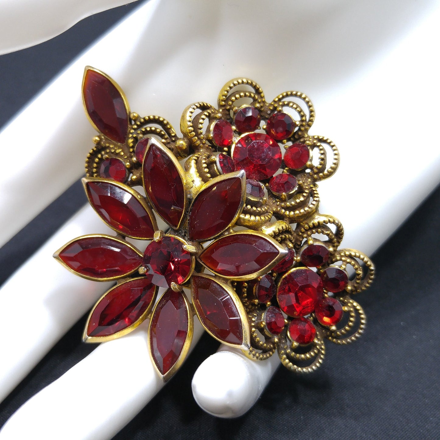 Vintage Red Crystal Rhinestone Floral Brooch, Antique Gold Plated, 1980s Vintage Jewelry