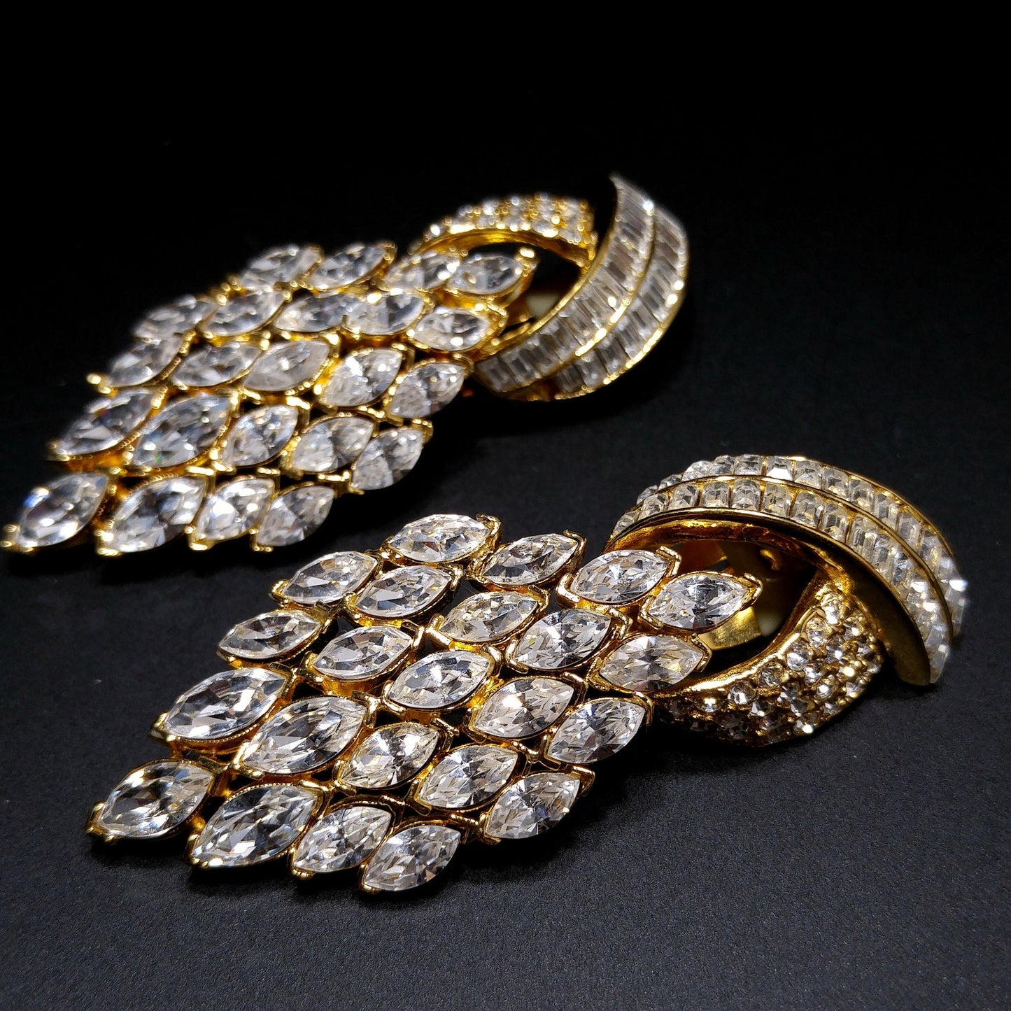 Vintage CINER Runway Clear Rhinestone Long Clip Earrings, Gold Plated