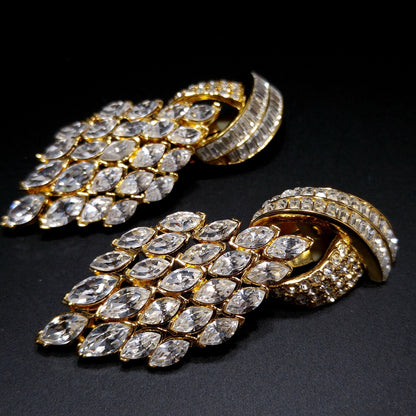 Vintage CINER Runway Clear Rhinestone Long Clip Earrings, Gold Plated