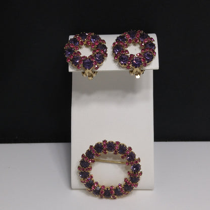 Weiss Pink and Lavender Rhinestone Wreath Brooch and Earrings Set – 1950s Gold Plated