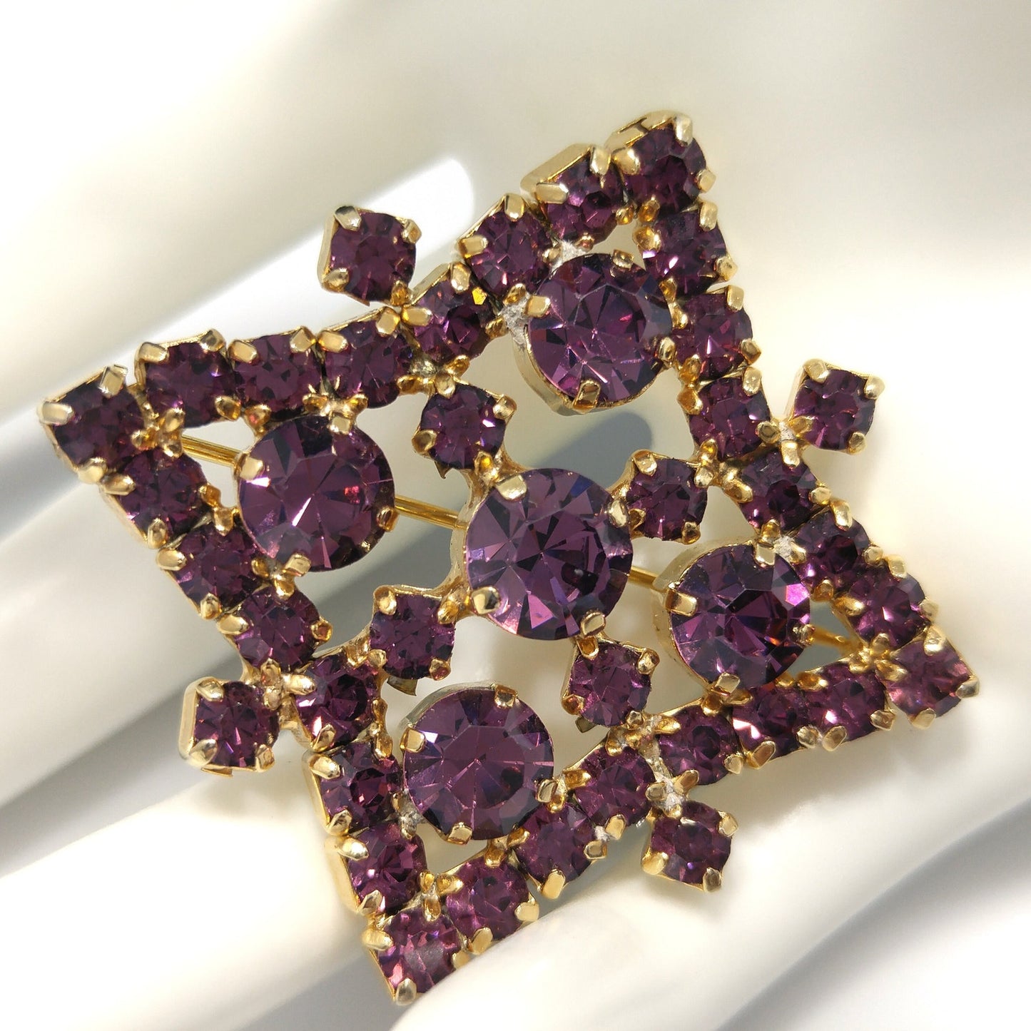 Kramer of New York Purple Rhinestone Brooch, Gold Plated, 1960s Vintage Jewelry