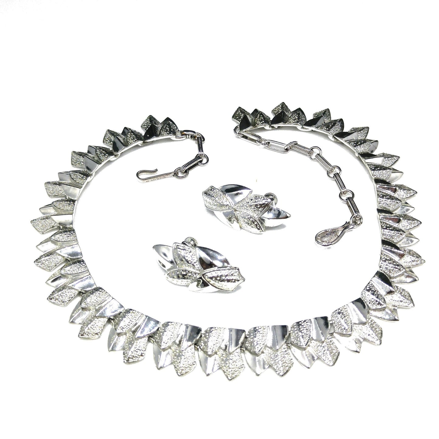 Coro Textured Smooth Leaf Necklace & Earrings, Rhodium Plated, 1950s Vintage Jewelry