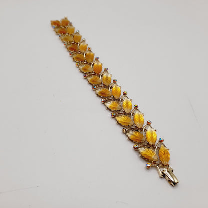 Vintage Kramer Golden Leaf Lucite AB Rhinestone Wide Bracelet