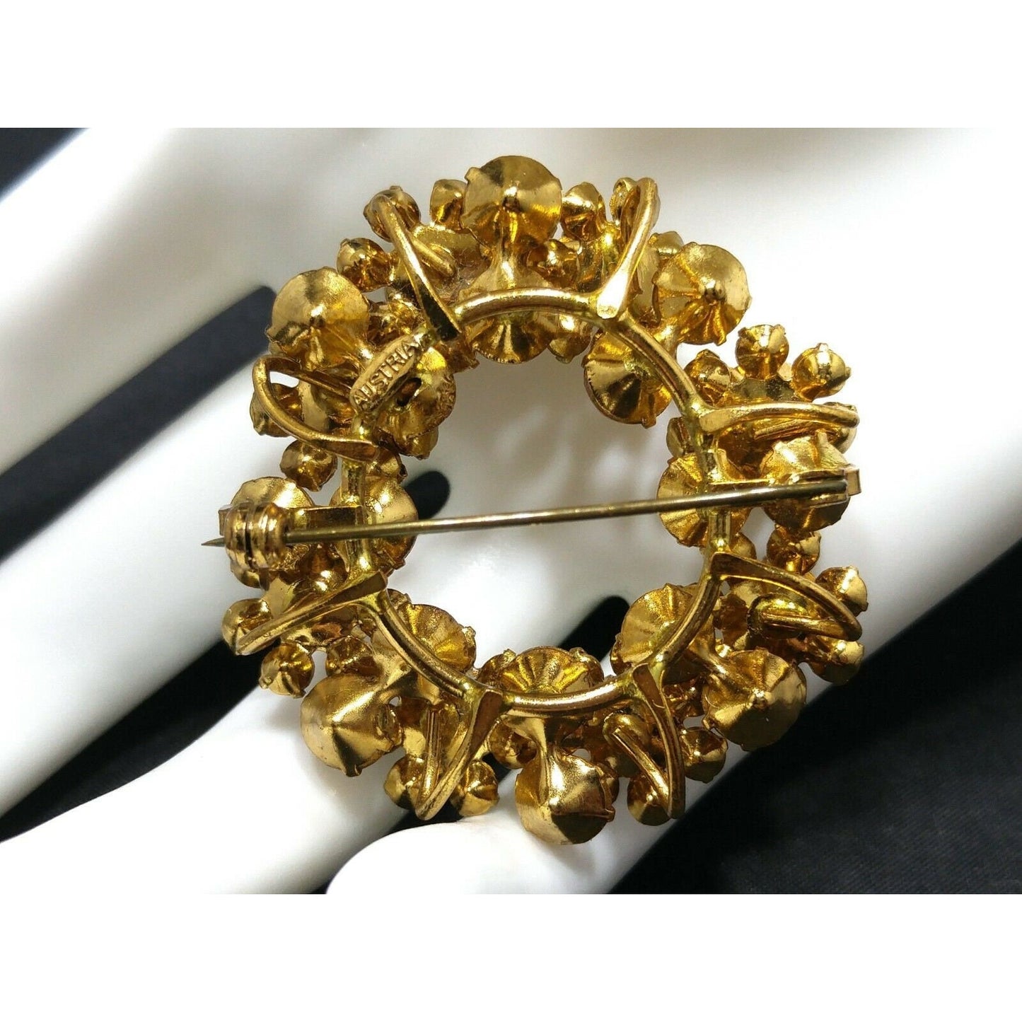 Austria Crystal Topaz Gray Rhinestone Wreath Brooch, 1950s Vintage Jewelry