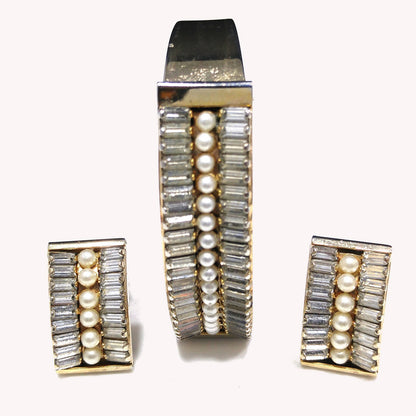 Vintage Leru Baguette Rhinestone & Pearl Cuff Bracelet & Clip Earrings Set 1950s