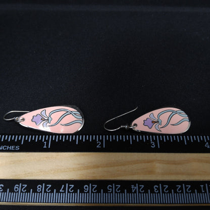 Laurel Burch "Wild Iris" Pink Enamel Earrings, Silver Tone, Gold Plated, 1980s