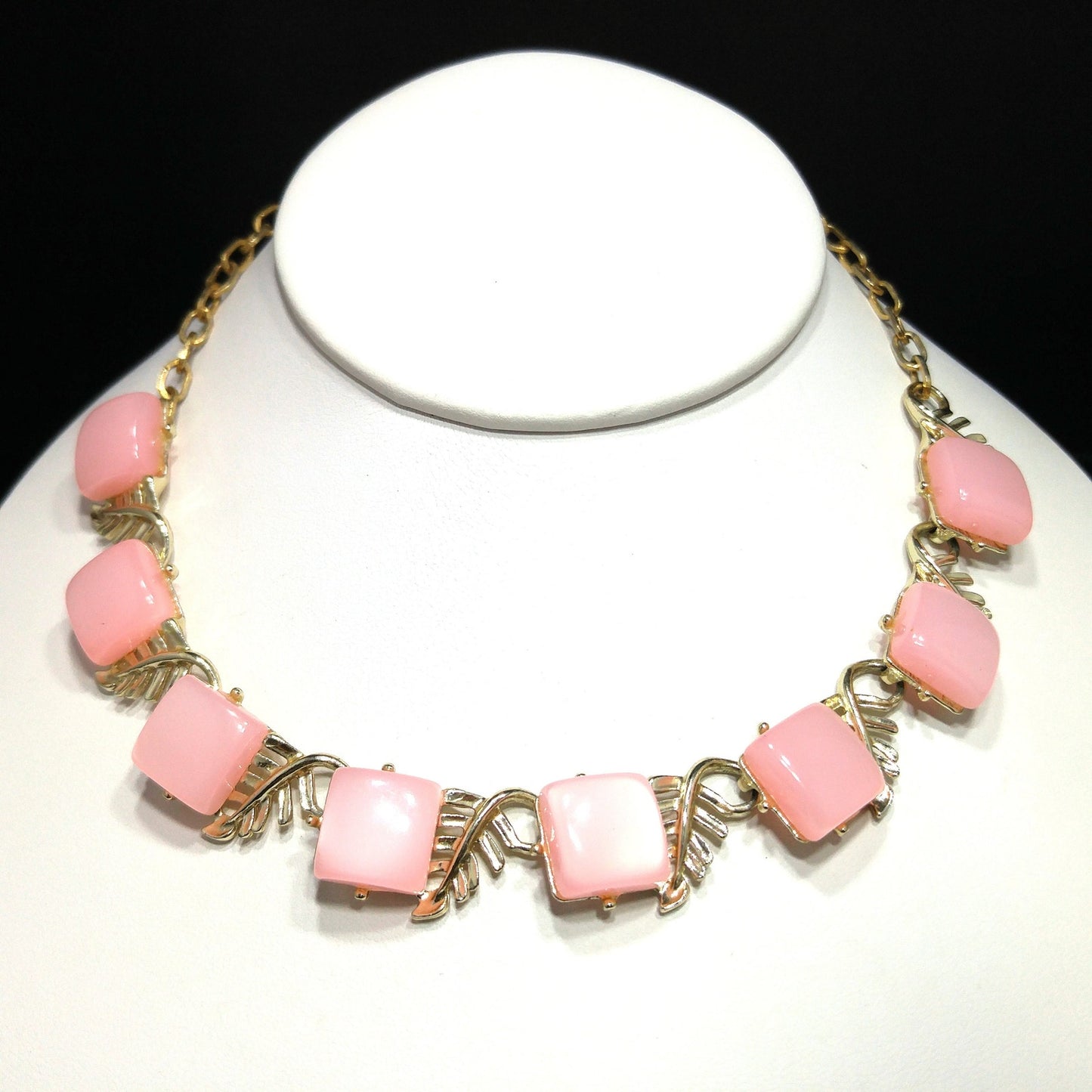 Mid-Century Pink Moonglow Choker Necklace, Lucite Squares, 1950s Vintage Jewelry