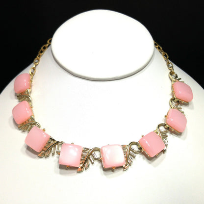 Mid-Century Pink Moonglow Choker Necklace, Lucite Squares, 1950s Vintage Jewelry
