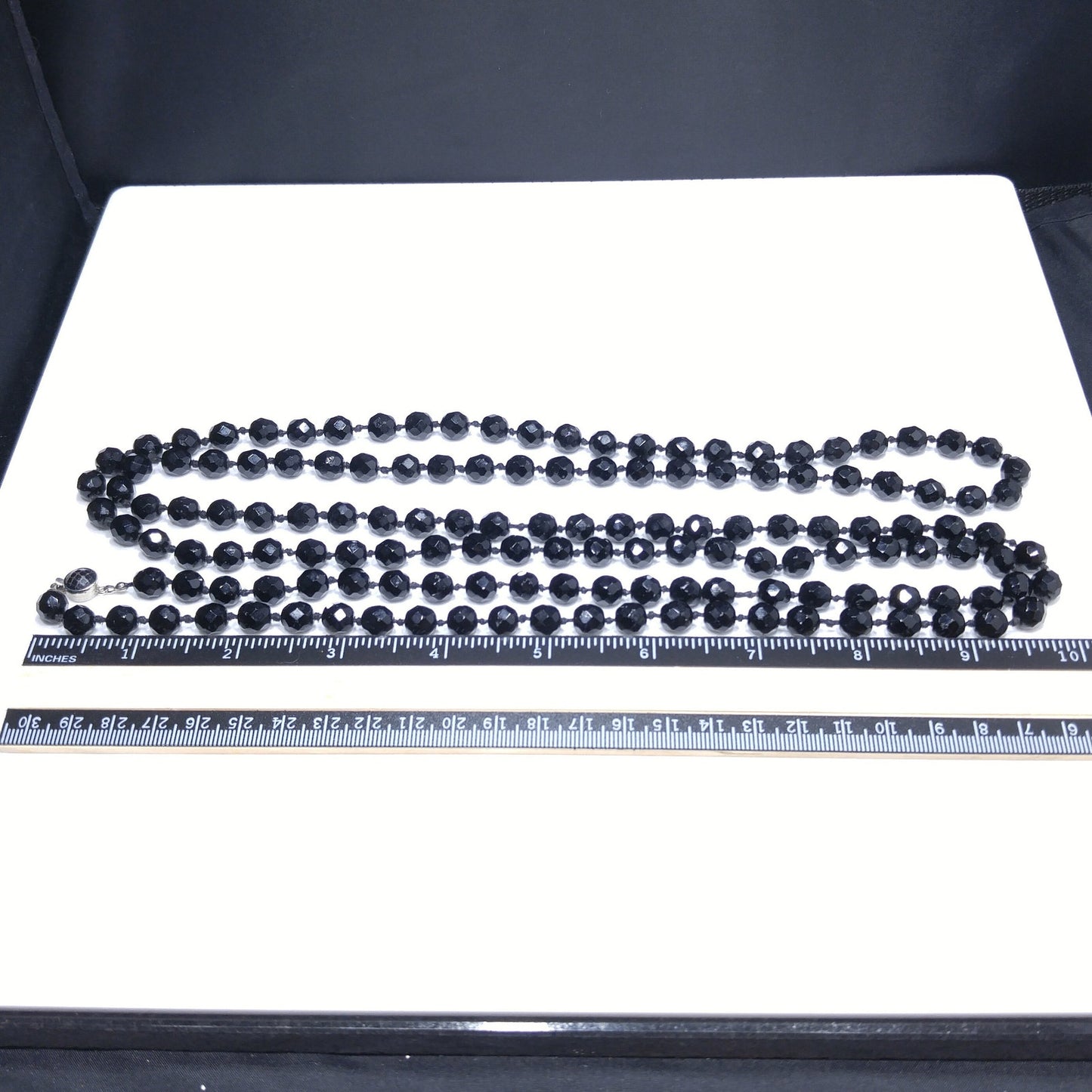 Black Crystal Beaded Necklace, Made in Austria, Hand Knotted, 1920s Vintage