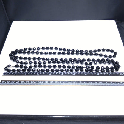Black Crystal Beaded Necklace, Made in Austria, Hand Knotted, 1920s Vintage