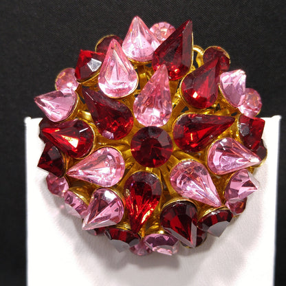 Red & Pink Domed Rhinestone Brooch, Gold Plated Filigree Backing, 1950s Vintage Jewelry