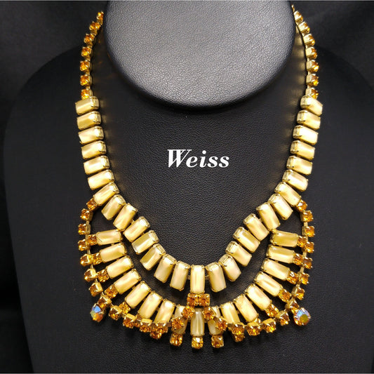 Vintage Weiss Festoon Topaz Rhinestone Necklace, Book Piece, Art Glass & Rhinestones