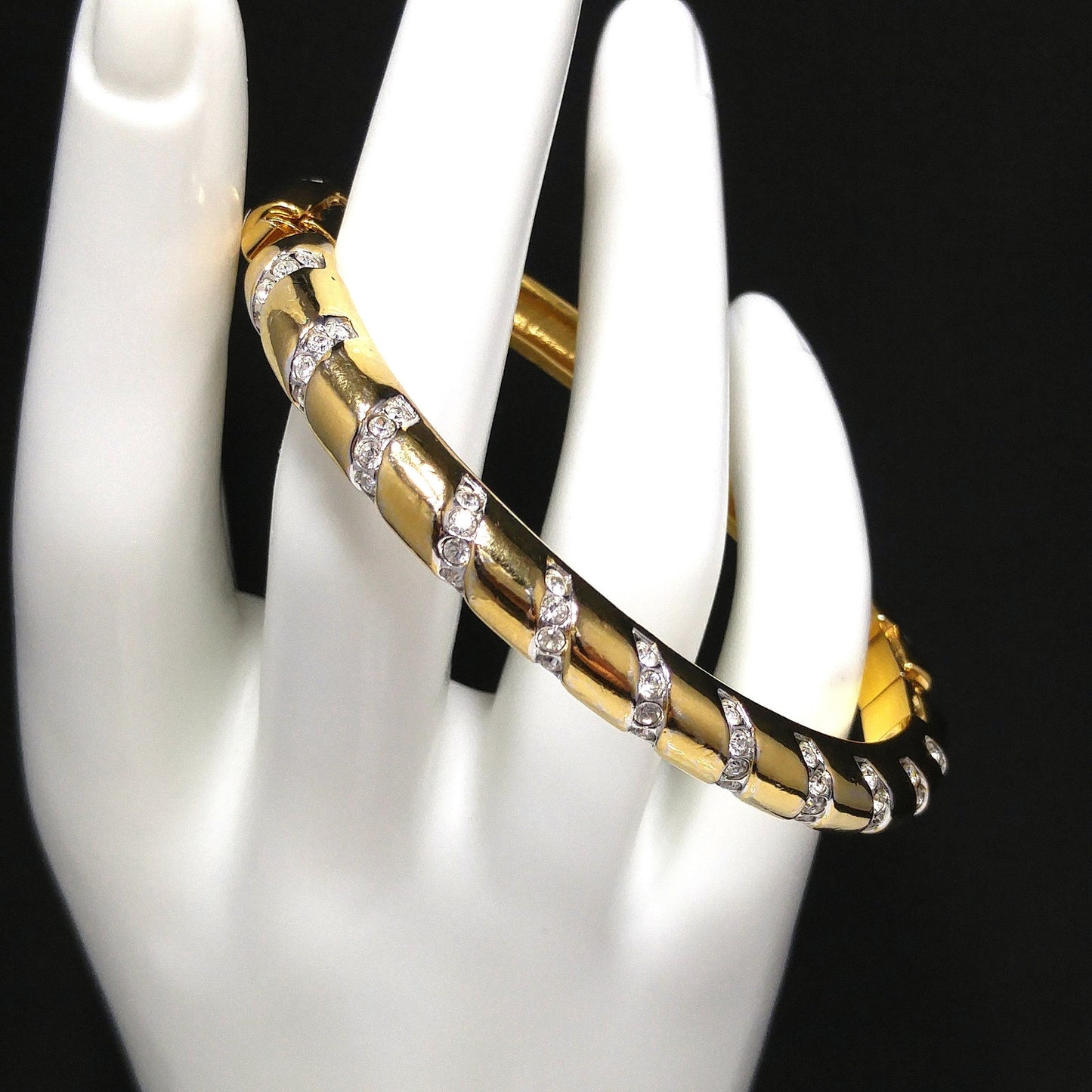 Swarovski Swan Logo Bracelet, Gold Plated Hinged Bangle, Clear Pave Rhinestones, 1980s Vintage Jewelry