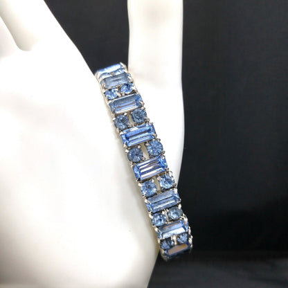 Weiss Baby Blue Rhinestone Cuff Bracelet – 1960s Baguette & Chaton Cut Rhodium Plated