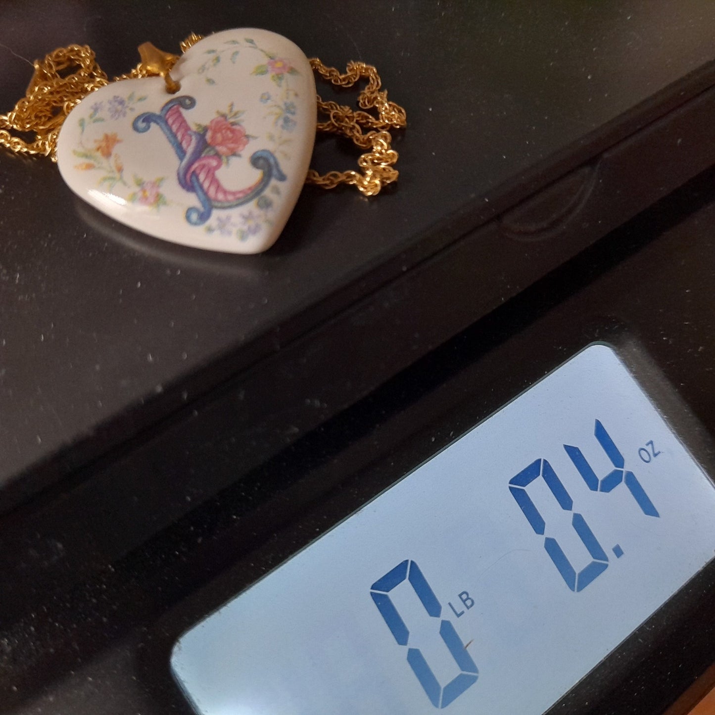 Vintage Avon Porcelain Heart “L” Initial Necklace on 24” Gold Rope Chain