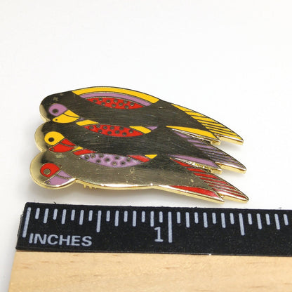 Laurel Burch "Perico" Brooch, Gold Plated Parakeets, Cloisonné Birds, 1980s Vintage Jewelry