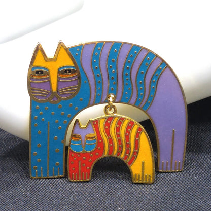 Laurel Burch "Mr. Jio's Cat" Brooch with Dangling Cat Charm, Gold Plated, Cloisonne Enamel, 1980s Vintage Jewelry