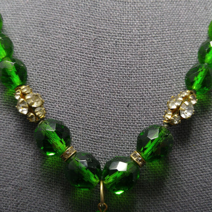 Green Czech Glass Pendant Necklace, Clear Rhinestones, 1950s Vintage Jewelry