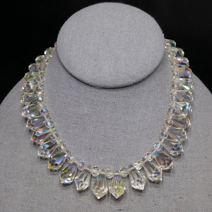 Mid-Century Crystal Teardrop Dangling Necklace, 18mm AB Crystals, 1950s Vintage Jewelry