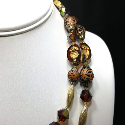 Western Germany Art Bead Floral Necklace, Two Strands, Button Box Clasp, 1950s Vintage Jewelry
