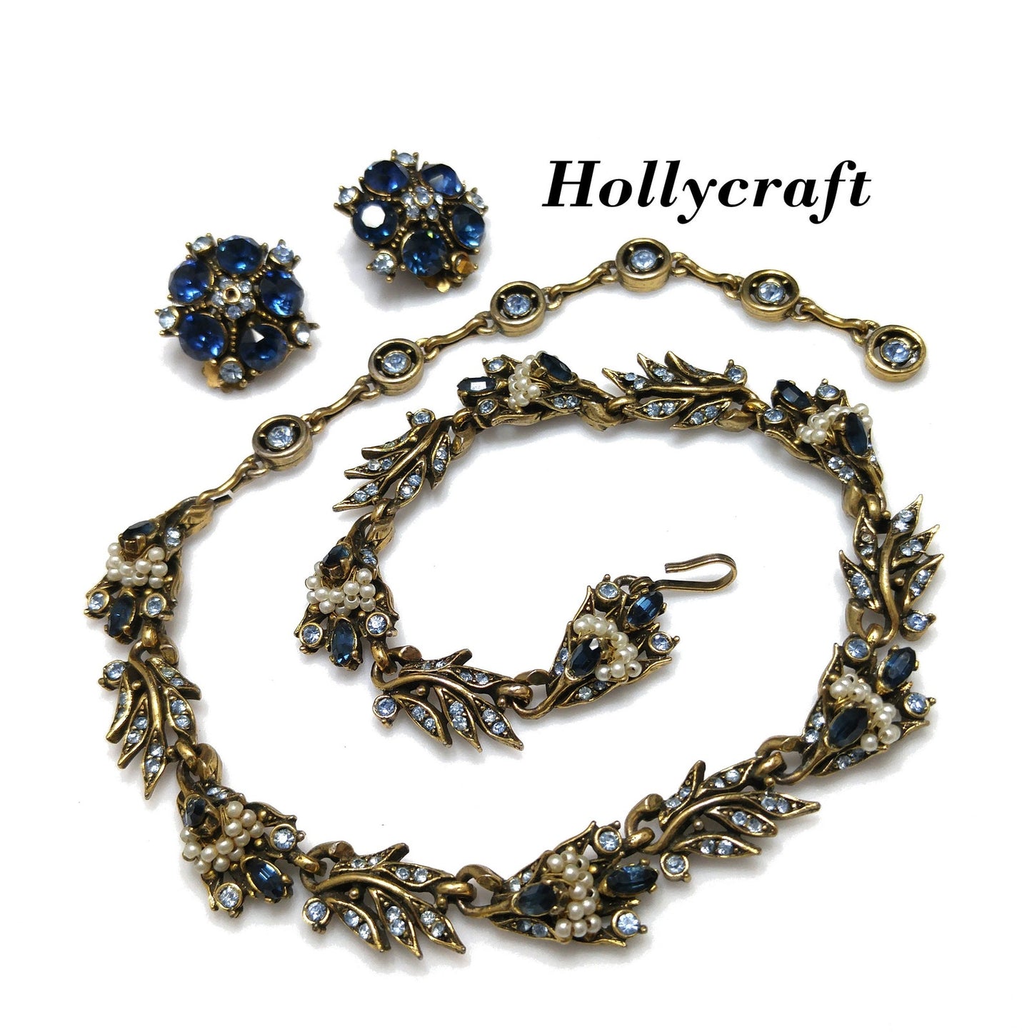 Vintage Hollycraft 1956 Blue Rhinestone Pearl Necklace Earrings Set Gold Tone